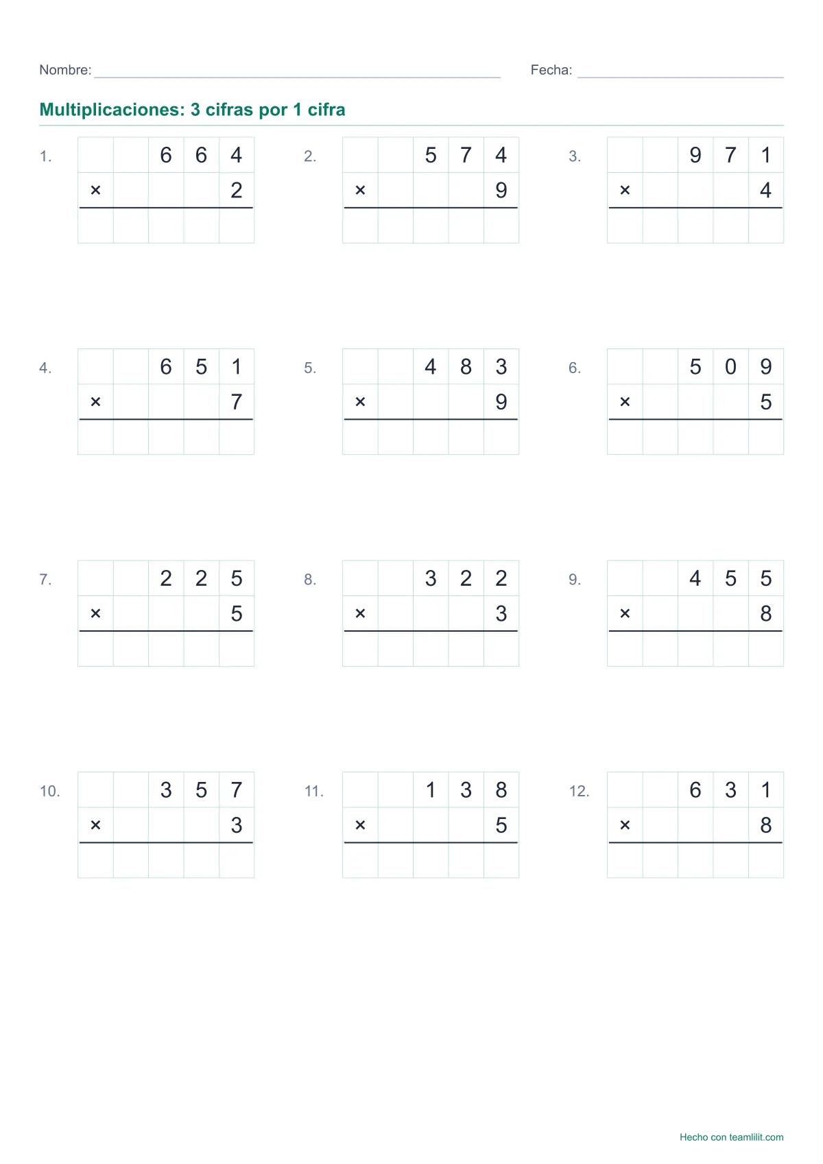 Ficha de multiplicaciones para imprimir: números de 3 cifras por una cifra