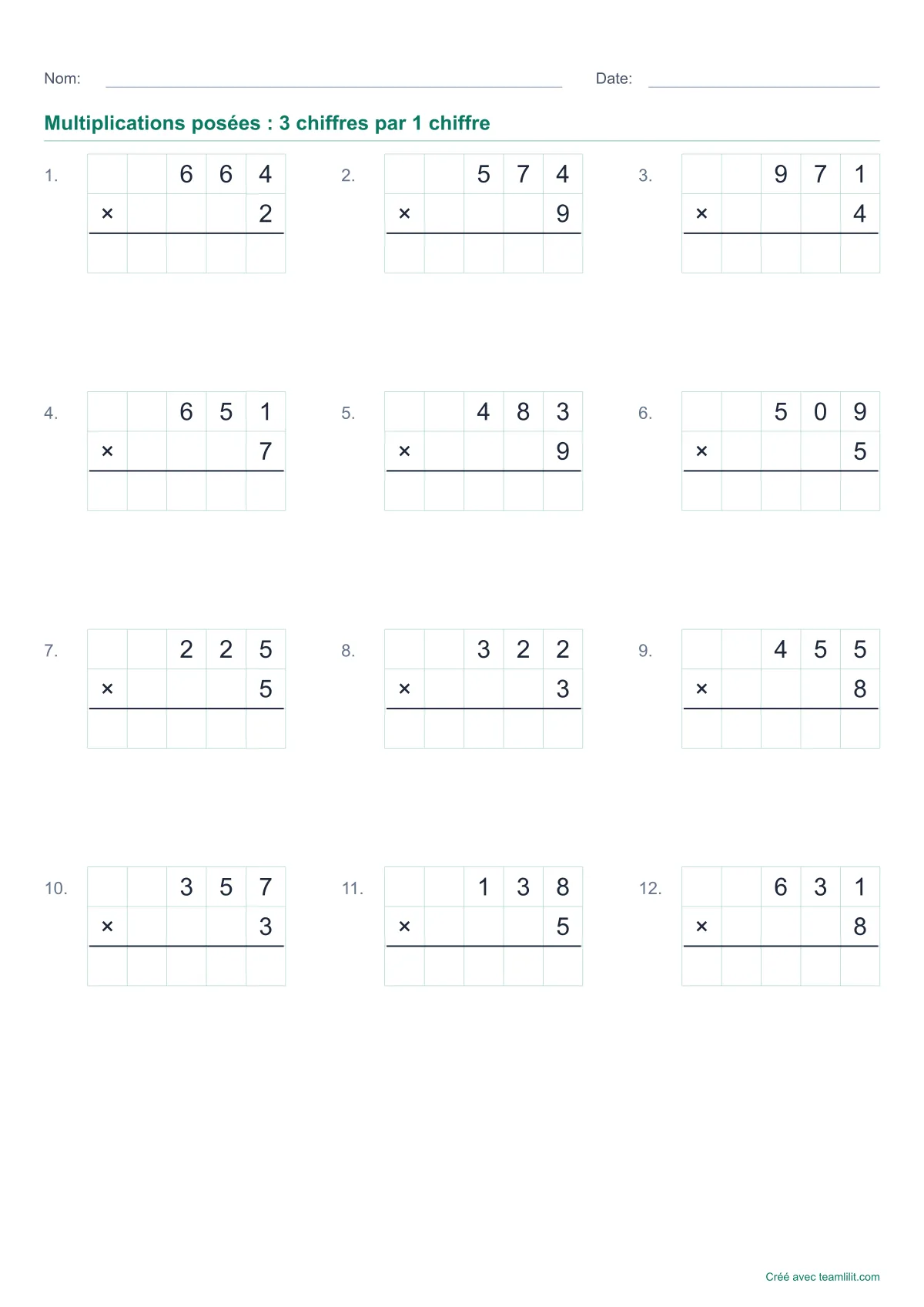 Fiche de multiplications posées à imprimer : nombres à 3 chiffres par un chiffre