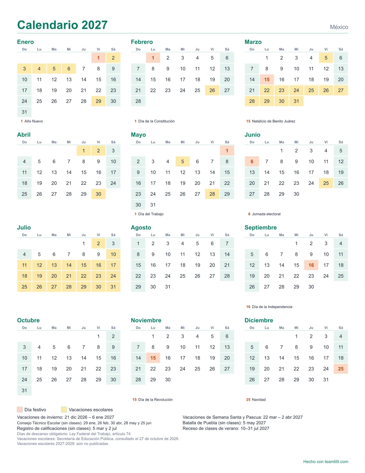 Calendario 2027 para imprimir en una hoja, con los días festivos de México y las vacaciones de la SEP
