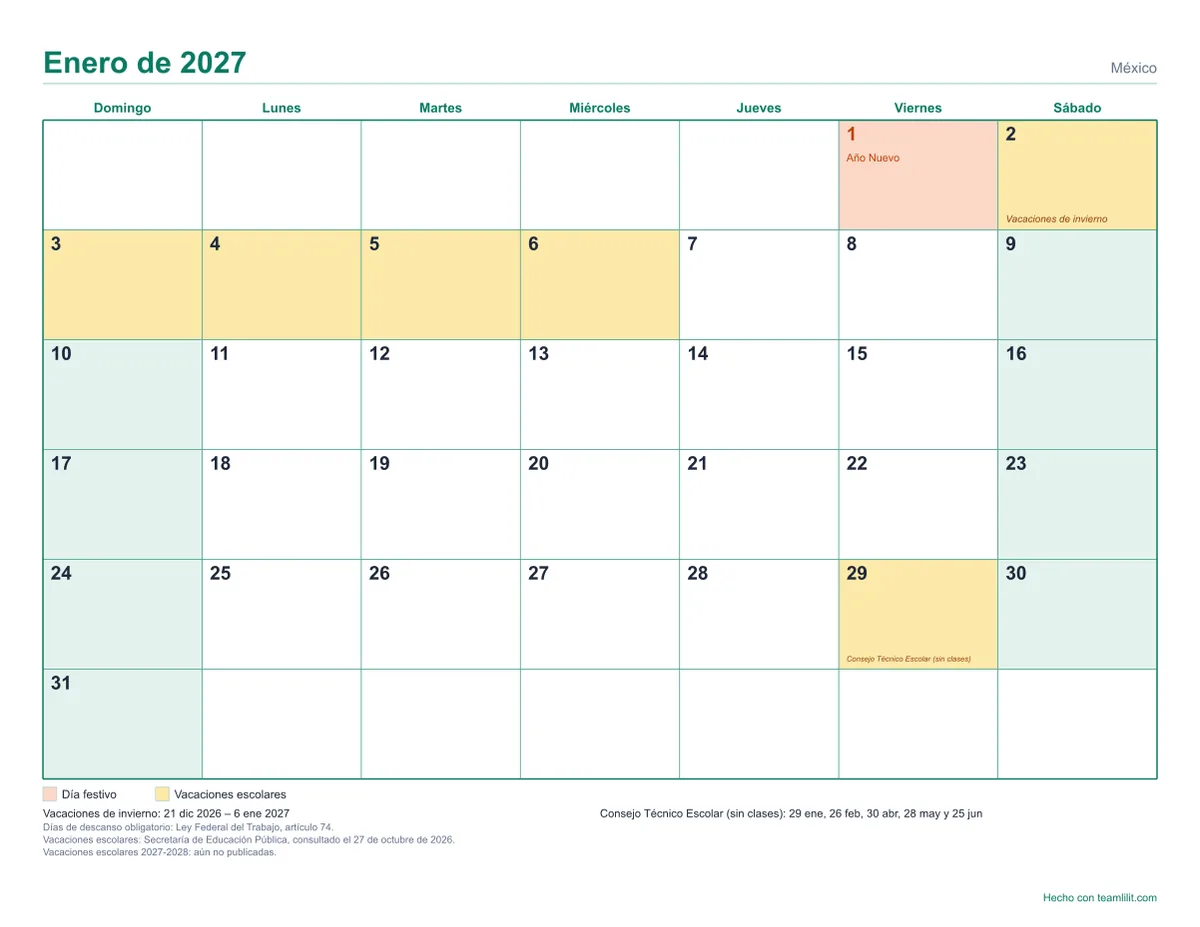 Calendario de enero de 2027 para imprimir, con casillas grandes para escribir