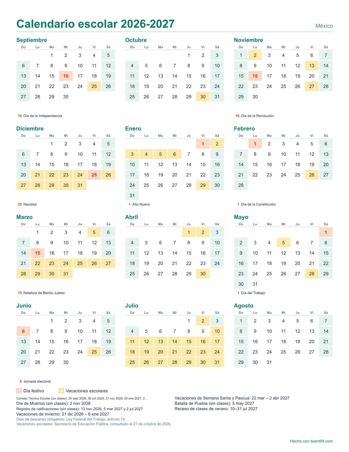 Calendario escolar 2026-2027 de la SEP para imprimir, de septiembre a agosto