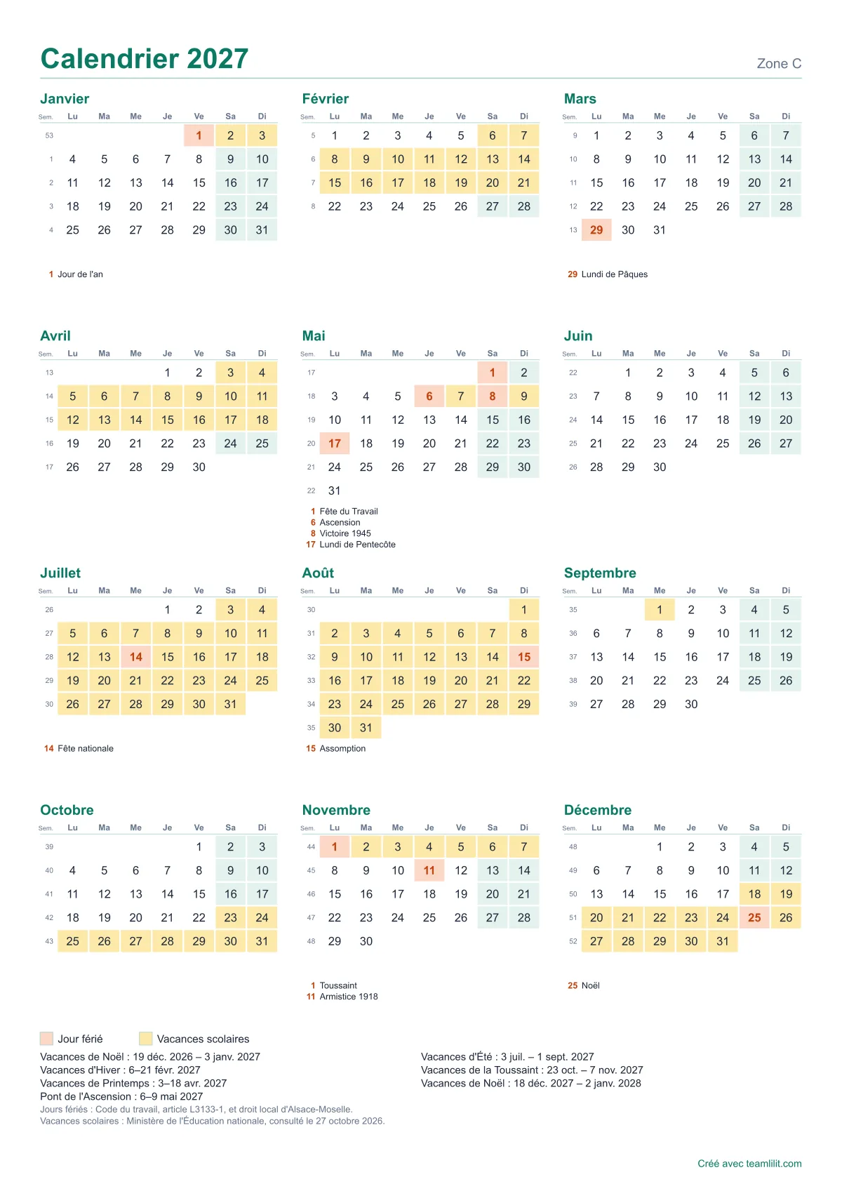 Calendrier 2027 à imprimer sur une page, avec les jours fériés et les vacances scolaires de la zone C