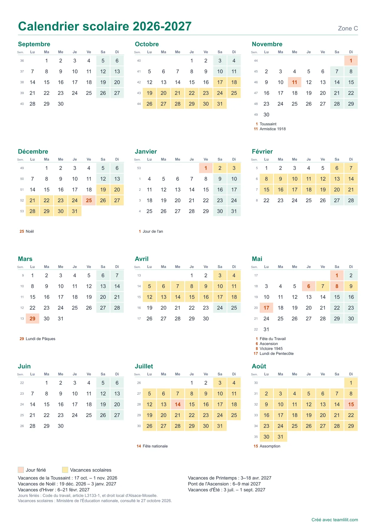 Calendrier scolaire 2026-2027 à imprimer, zone C, de septembre à août