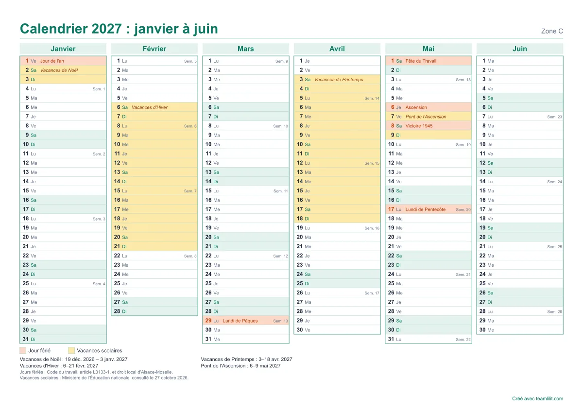 Calendrier semestriel 2027 à imprimer, de janvier à juin, une ligne par jour, zone C