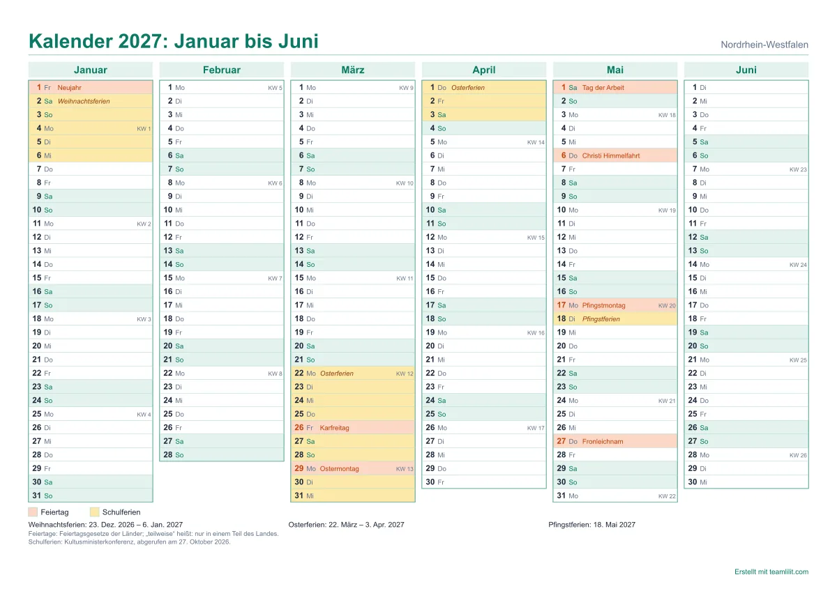 Halbjahreskalender 2027 zum Ausdrucken, Januar bis Juni, eine Zeile pro Tag, NRW