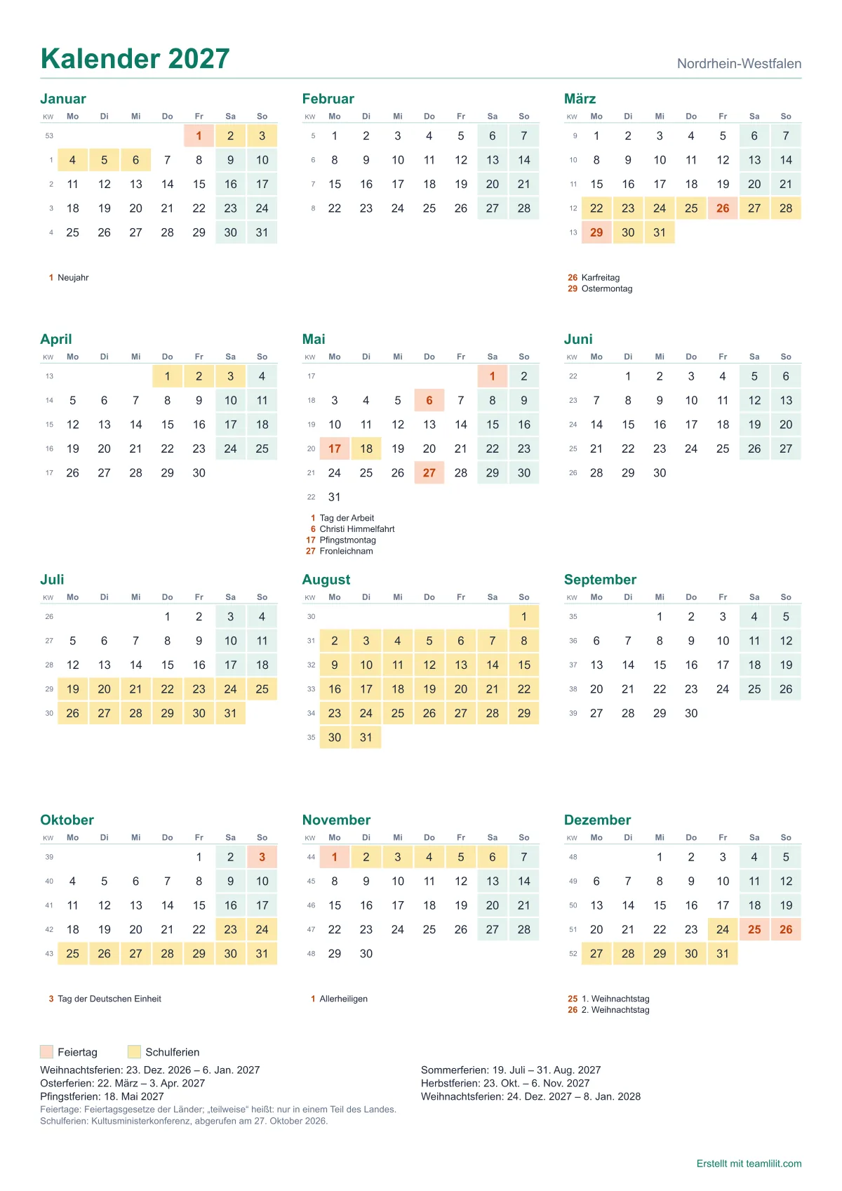 Kalender 2027 zum Ausdrucken auf einer Seite, mit Feiertagen, Schulferien in Nordrhein-Westfalen und Kalenderwochen