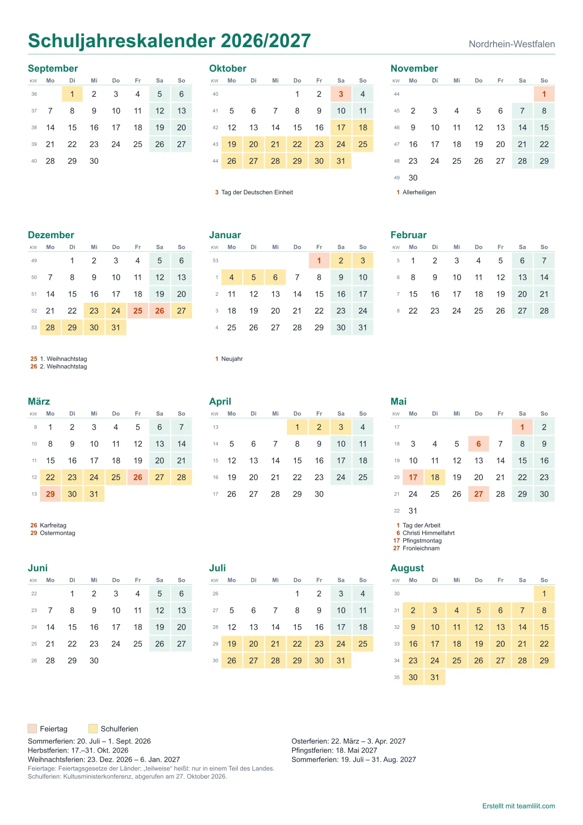 Schuljahreskalender 2026/2027 zum Ausdrucken, Nordrhein-Westfalen, September bis August