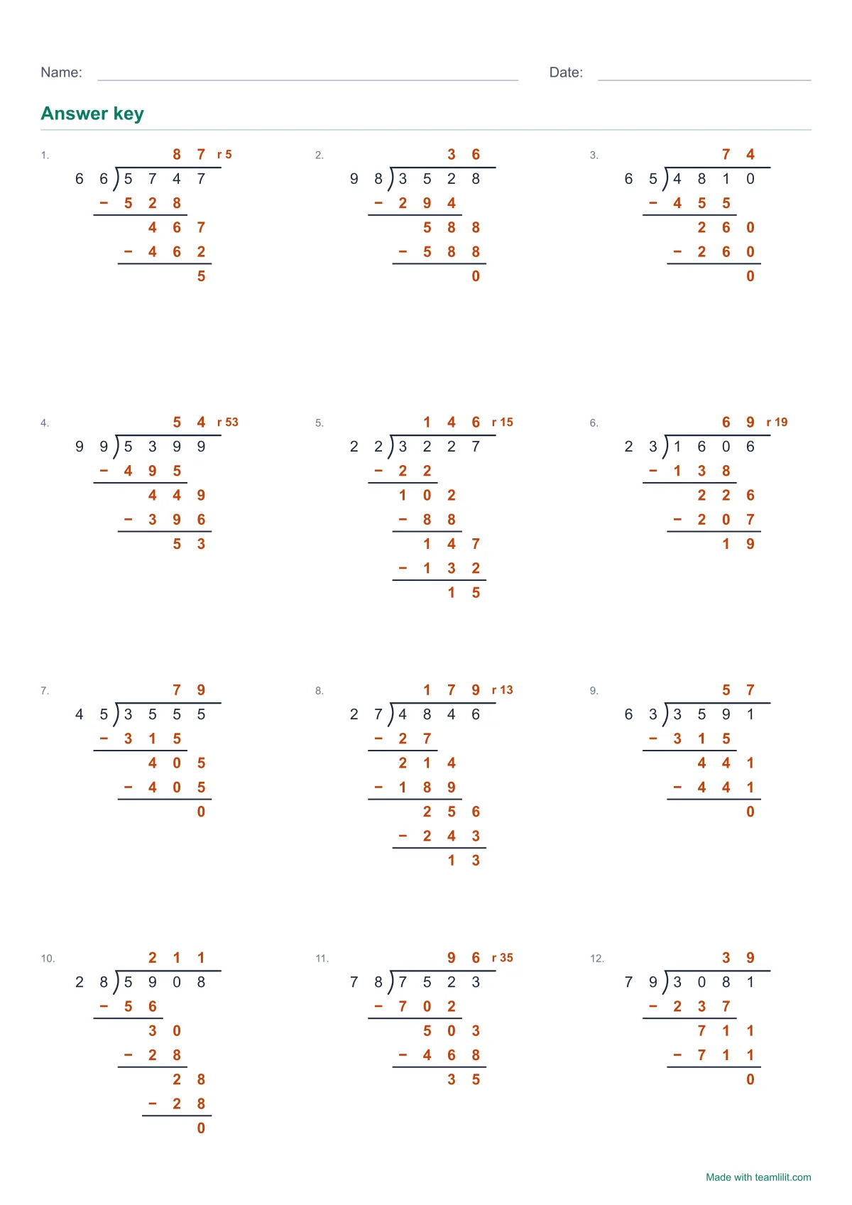 Long division answer key with every subtraction written out