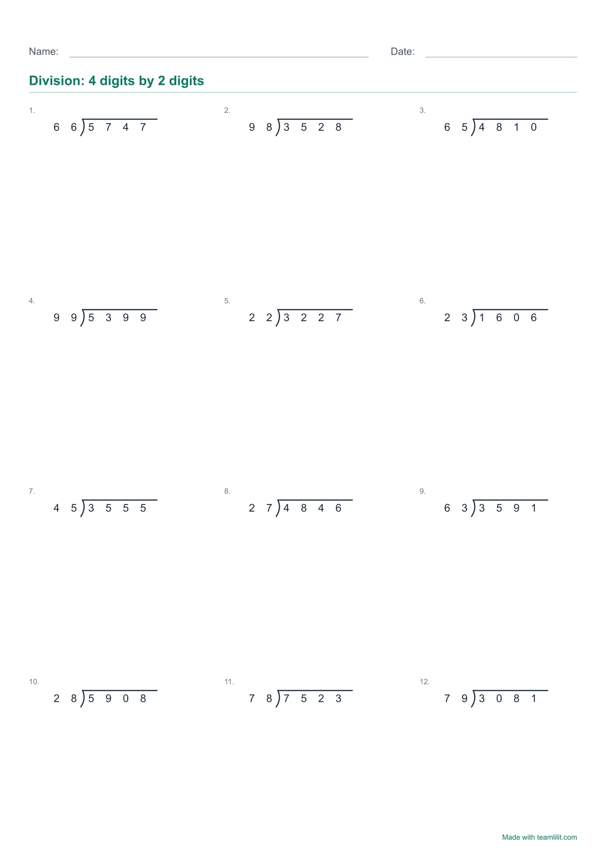 Long division worksheet to print: 4-digit numbers divided by 2-digit numbers