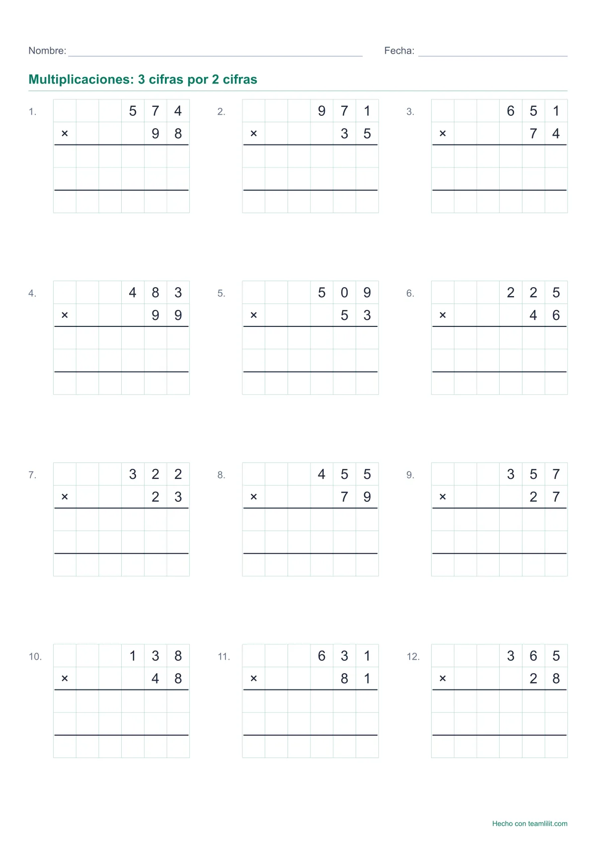 Ficha de multiplicaciones de dos cifras para imprimir: números de 3 cifras por 2 cifras, en cuadrícula