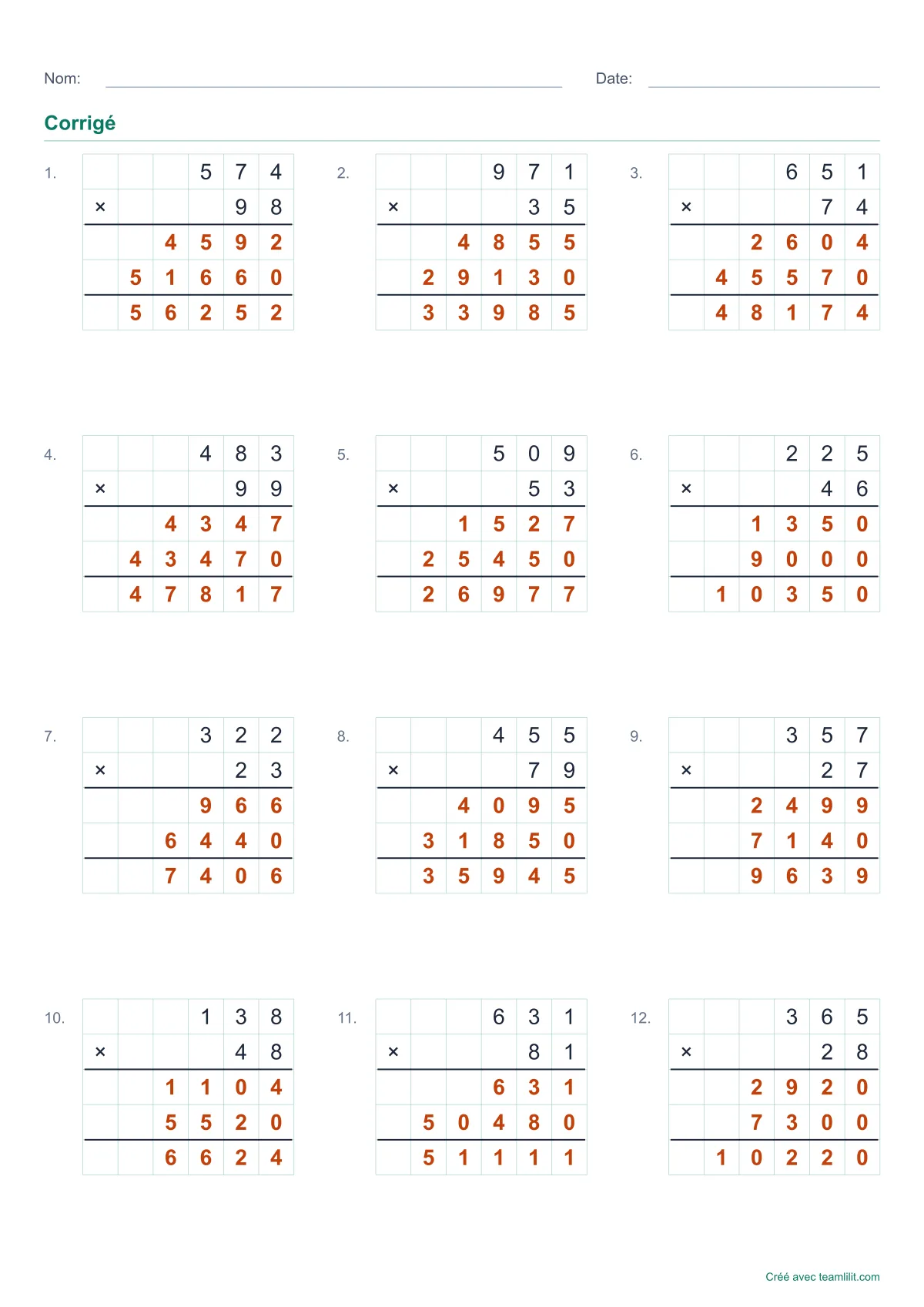 Corrigé des multiplications posées avec les produits partiels