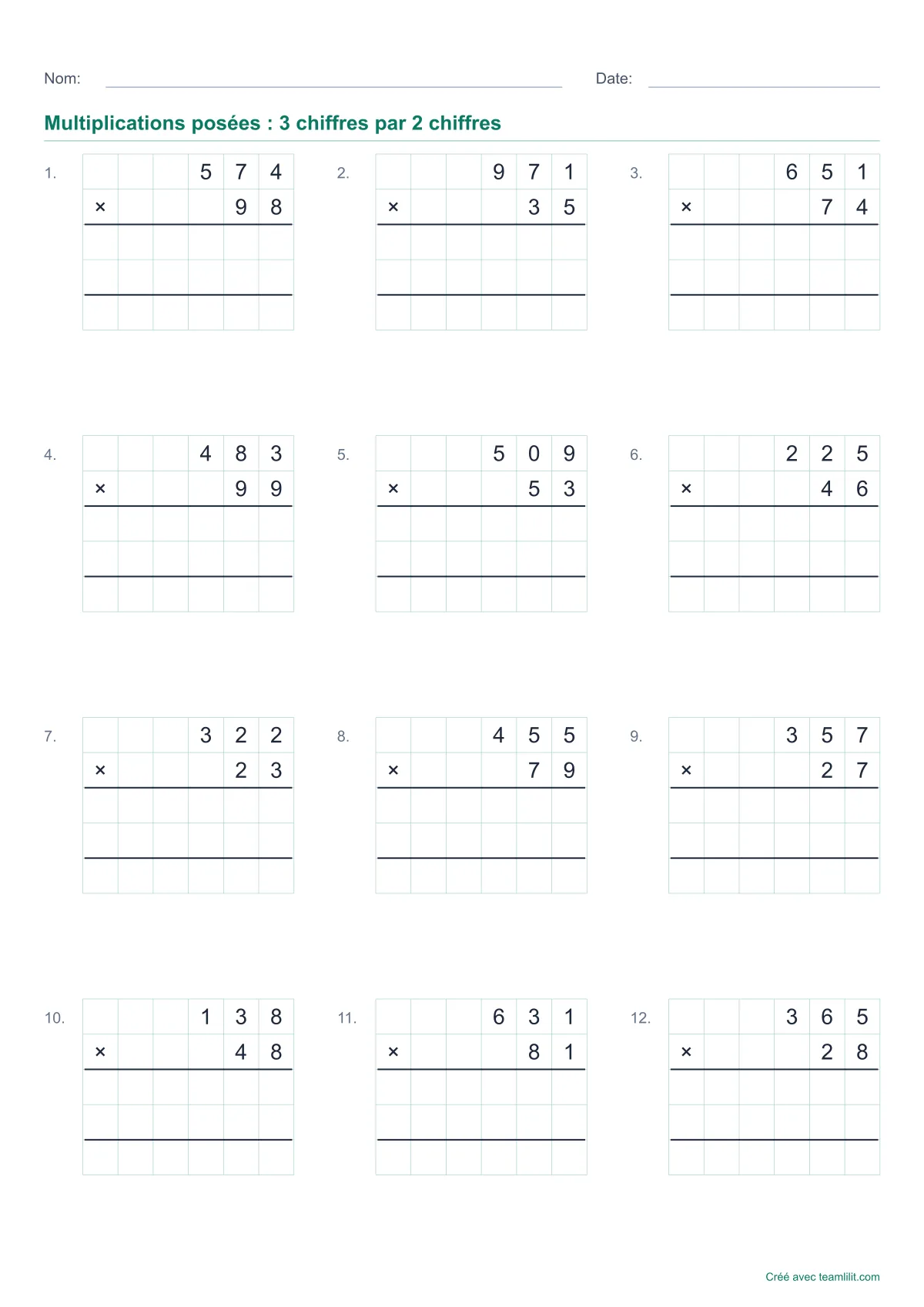 Fiche de multiplications posées à imprimer : nombres à 3 chiffres par un nombre à 2 chiffres, sur quadrillage