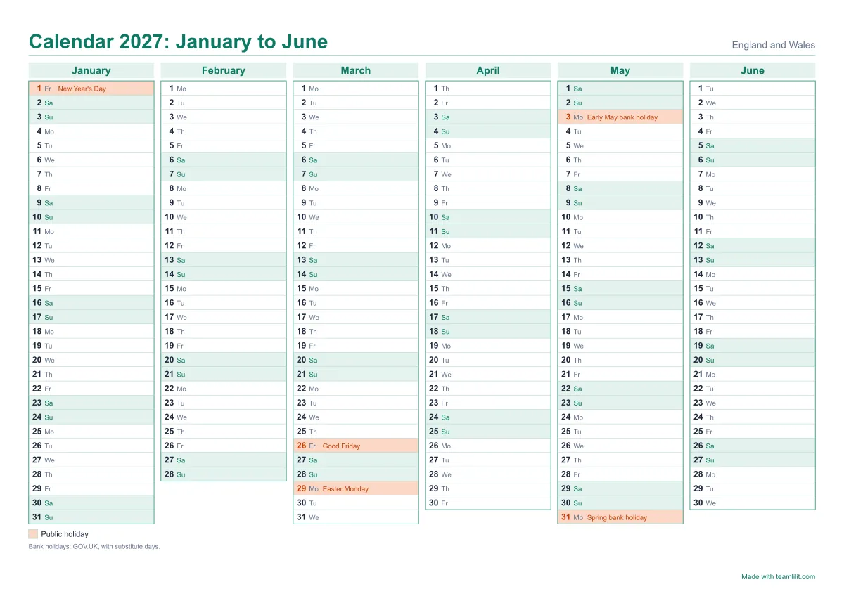 Half-year calendar 2027 to print, January to June, a line a day with the bank holidays