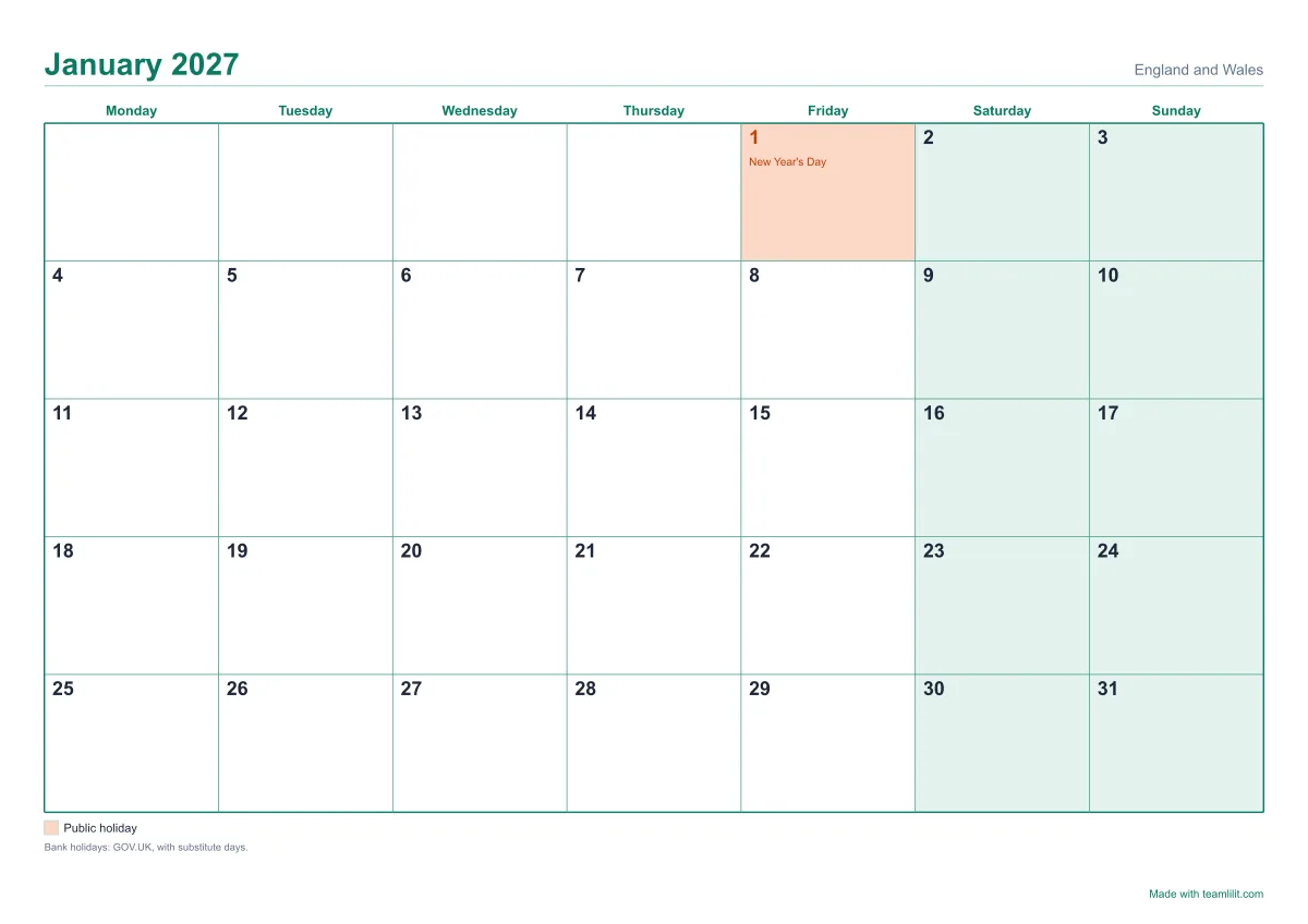 Monthly calendar for January 2027 to print, with large squares to write in