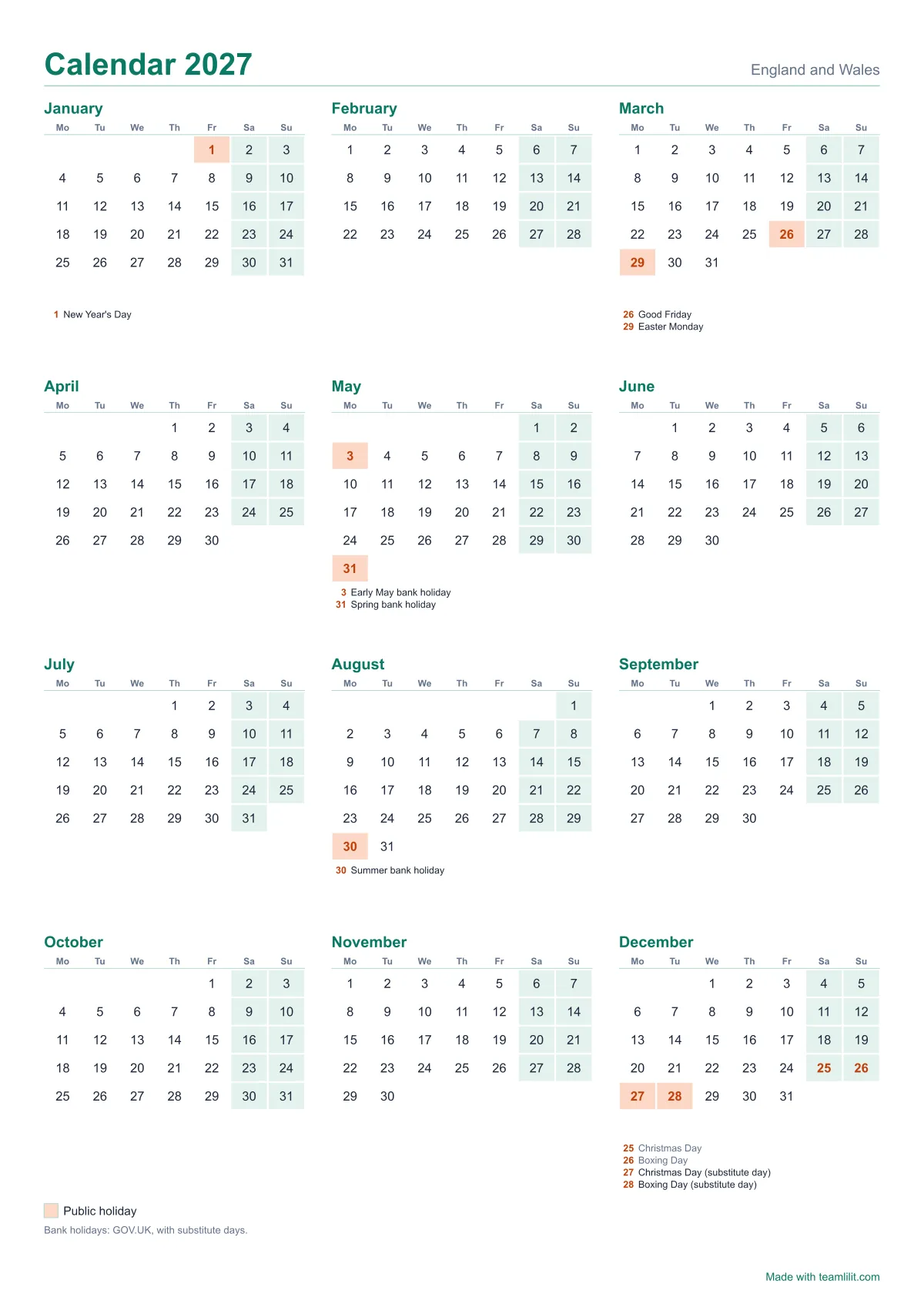 Printable 2027 calendar, the year on one page with the bank holidays of England and Wales