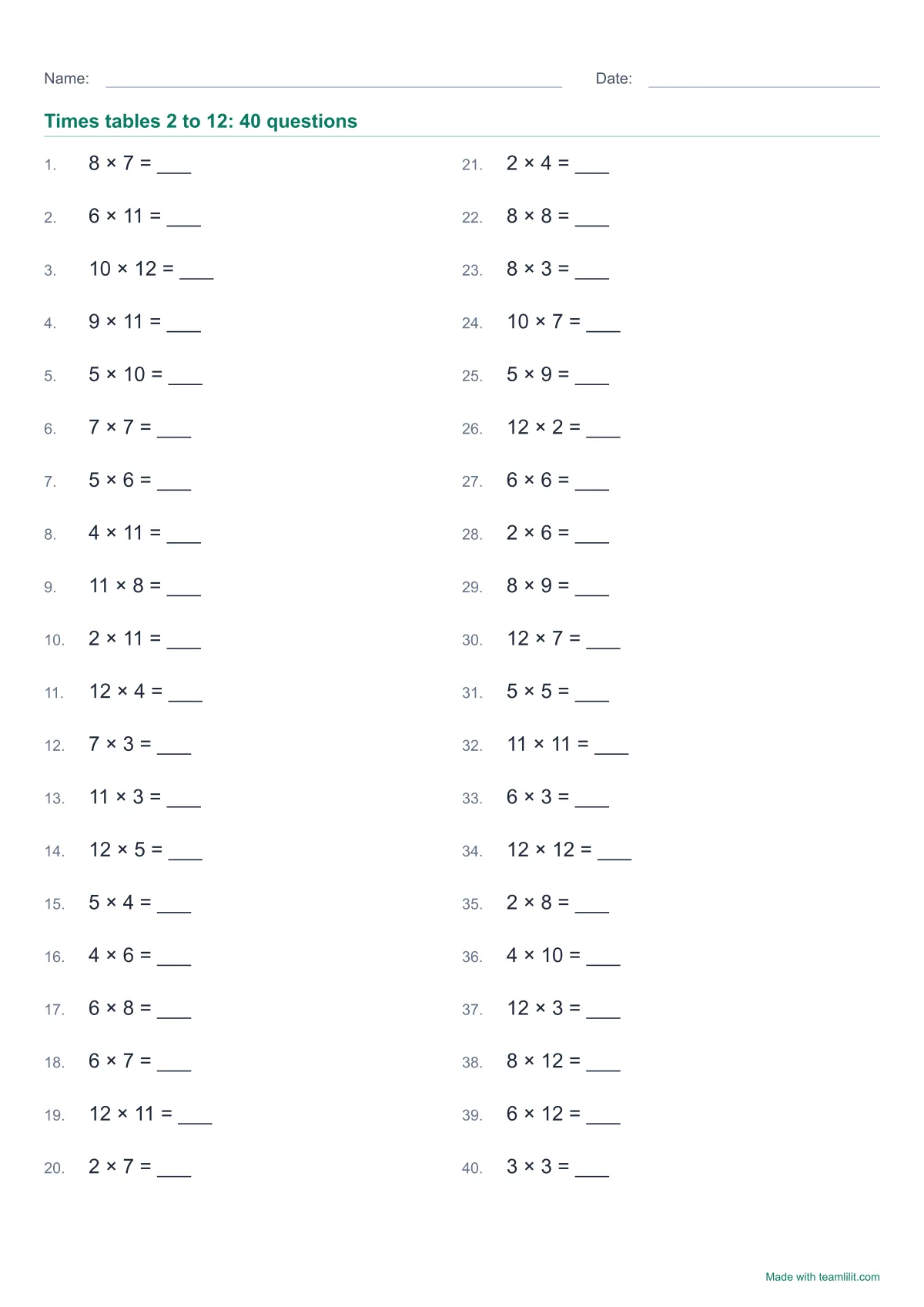 Times tables worksheet: 40 questions on the 2 to 12 times tables, with an answer key
