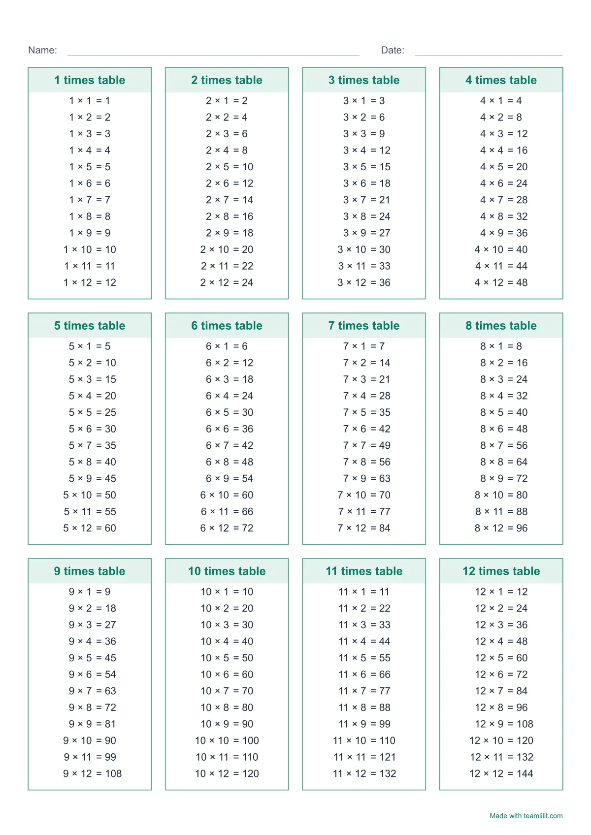 The times tables 1 to 12 written out, to print